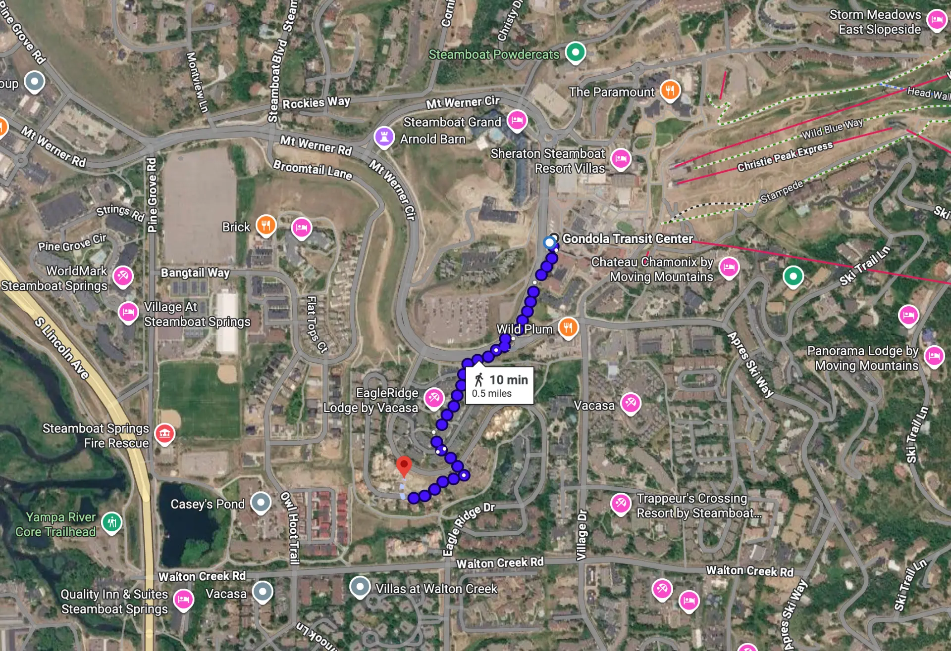 Map showing the 10-minute, half-mile walk from Eagle Glen Drive to the Steamboat Gondola Transit Center